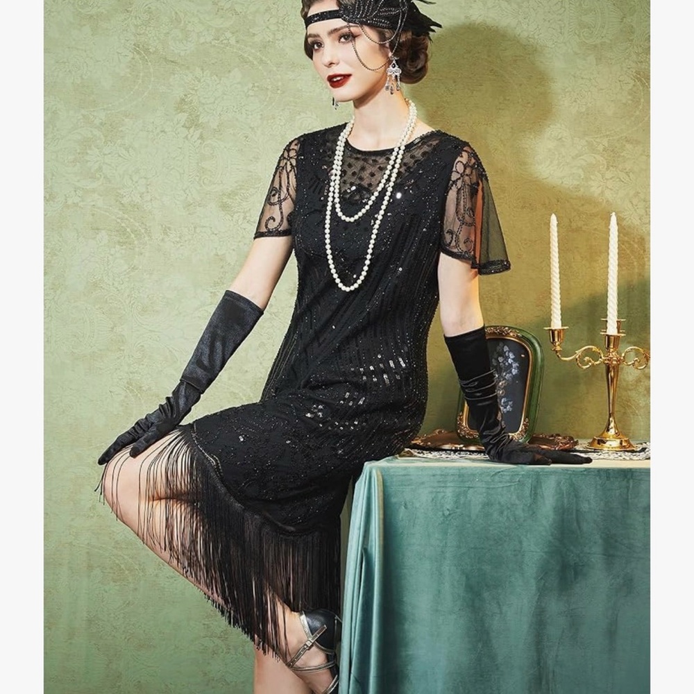 SWEETV 1920s Gatsby Flapper Dress with Accessories – Sequin Fringe Roaring 20s - Picture 3 of 12